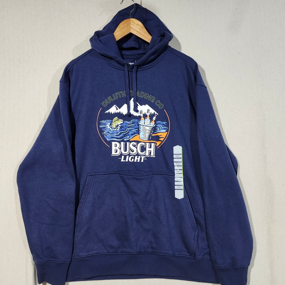Duluth Trading Co Busch Light Beer Pocket Hoodie Navy Blue Relaxed Fit L New